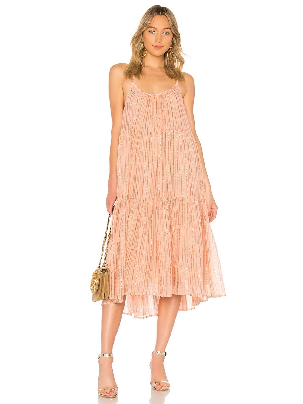 ULLA JOHNSON Samara Pink Metallic 100% Cotton Voile Midi Swing Dress, Size 6